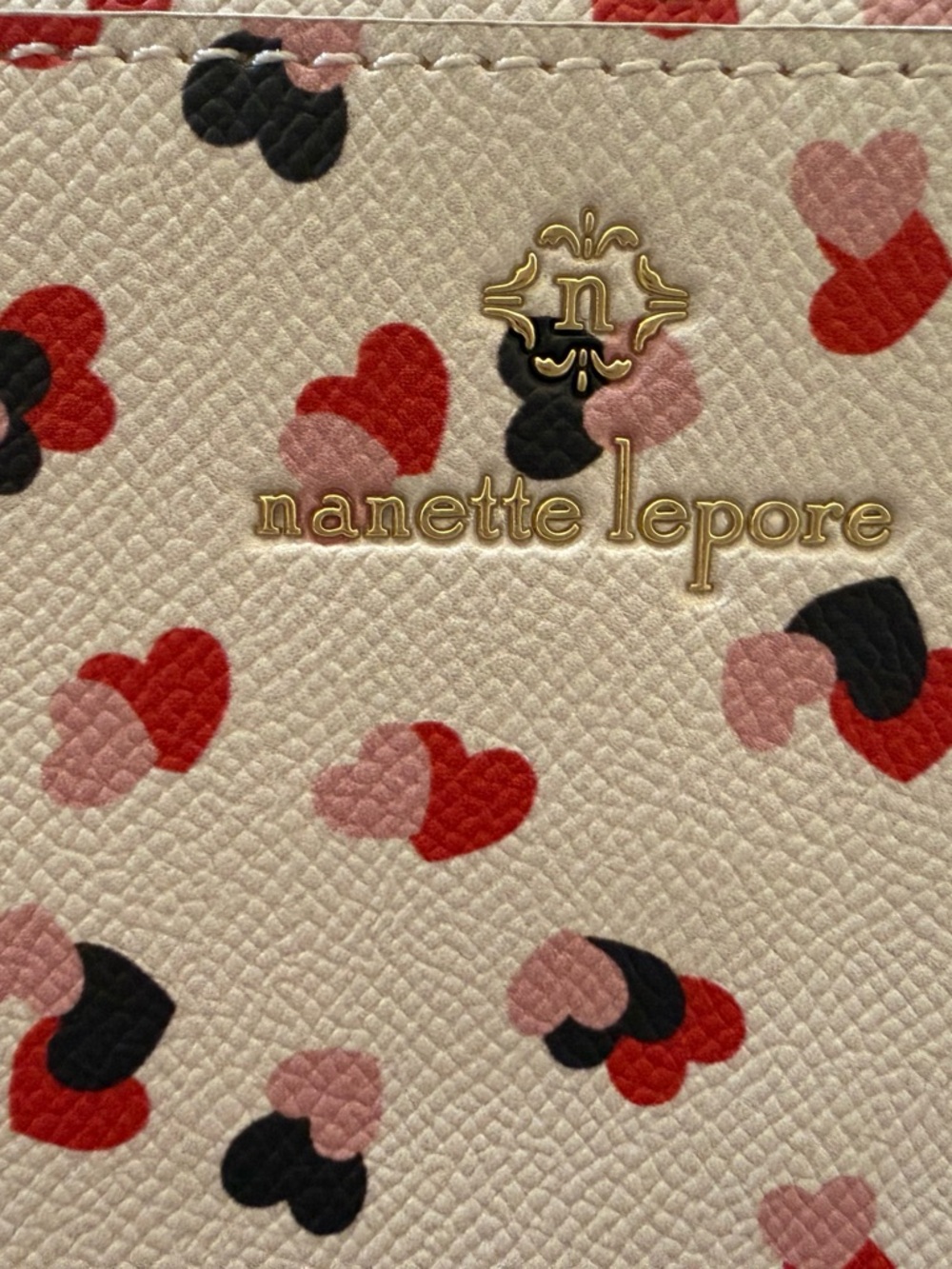 Nanette Lepore Cream Heart-Print Crossbody with Red Pink Black Hearts - Picture 5 of 11